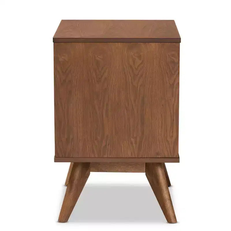 Table de chevet en bois et rotin synthétique : 2 tiroirs, pieds inclinés