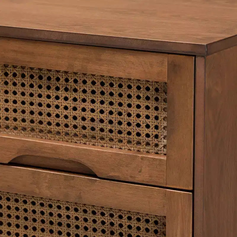 Table de chevet en bois et rotin synthétique : 2 tiroirs, pieds inclinés