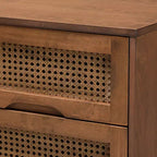 Table de chevet en bois et rotin synthétique : 2 tiroirs, pieds inclinés