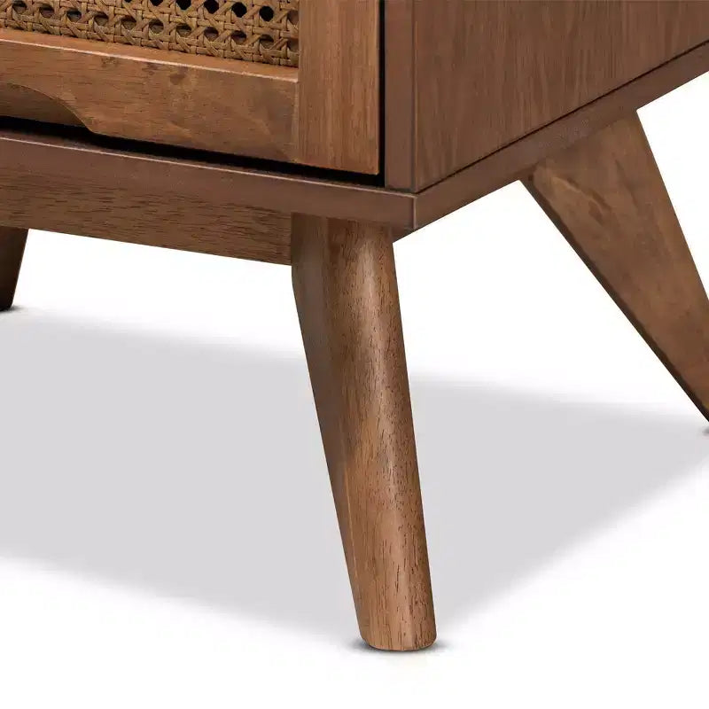 Table de chevet en bois et rotin synthétique : 2 tiroirs, pieds inclinés