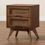 Table de chevet en bois et rotin synthétique : 2 tiroirs, pieds inclinés