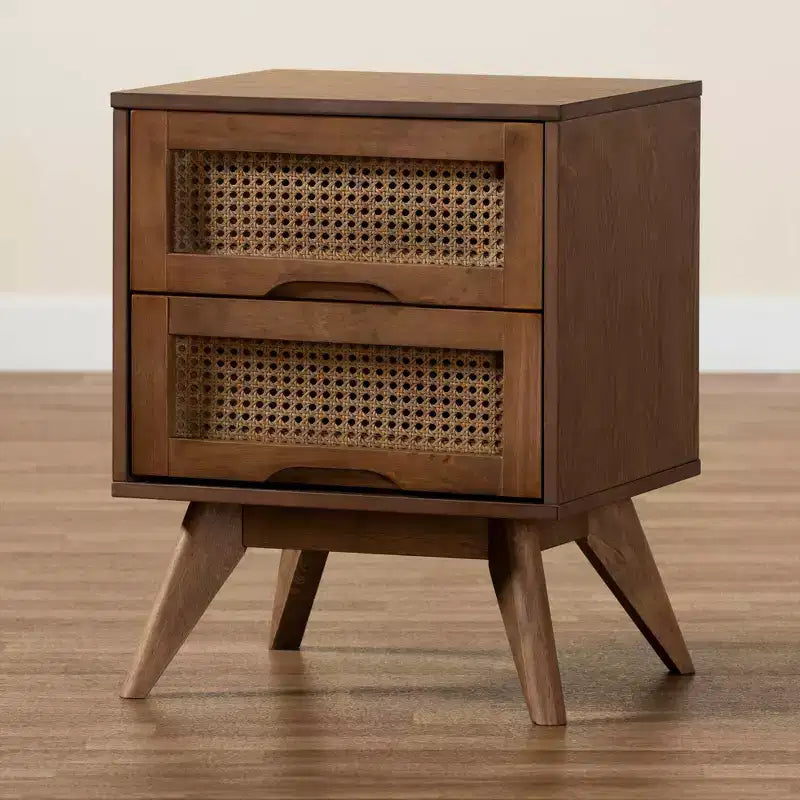 Table de chevet en bois et rotin synthétique : 2 tiroirs, pieds inclinés