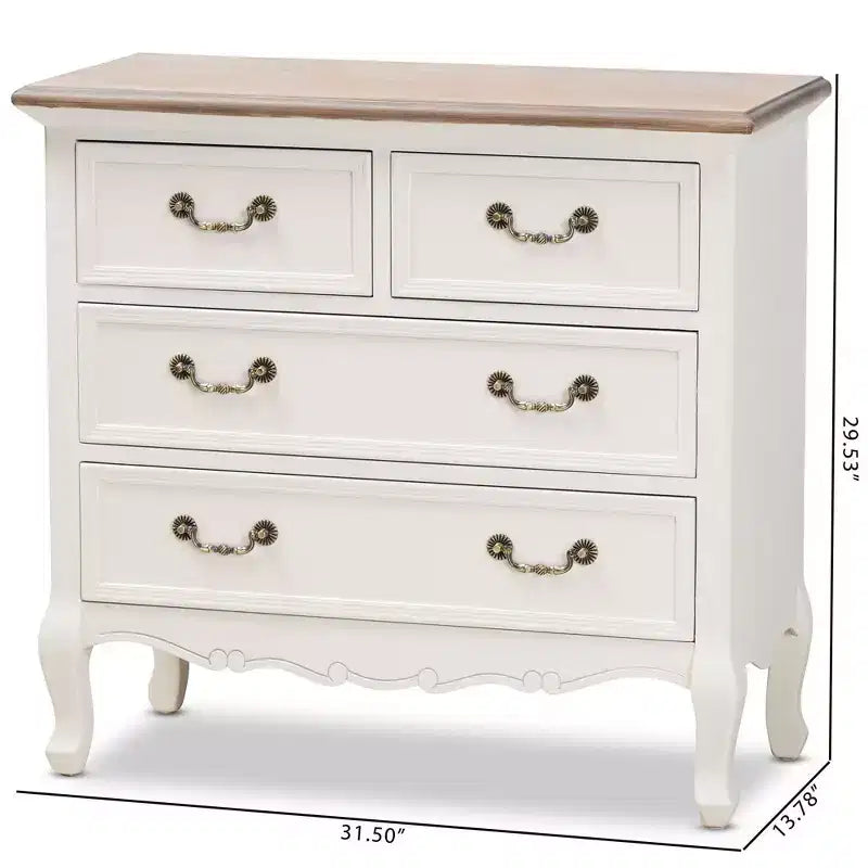 Commode d'appoint Amalie à 4 tiroirs Blanc/Chêne - Baxton Studio : Style Provincial Français, Poignées en Laiton, Entièrement Assemblée