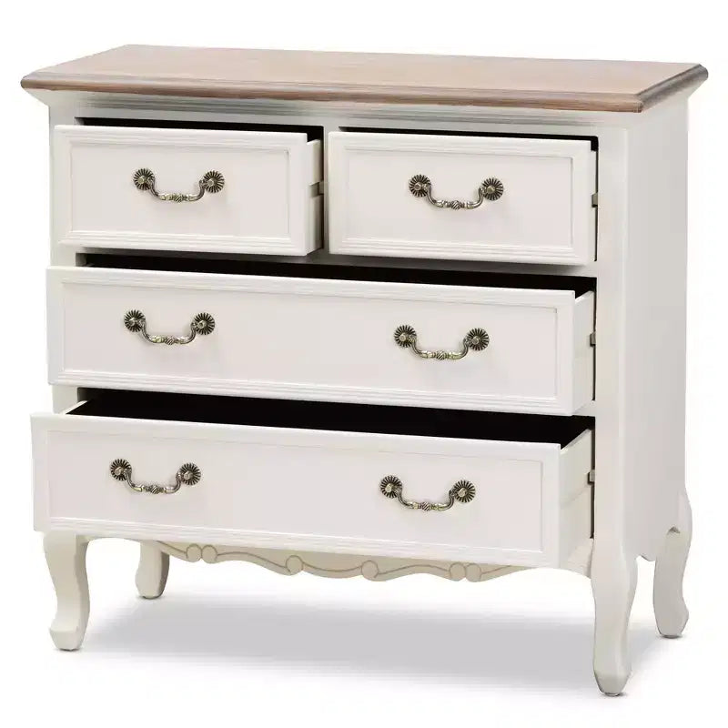 Commode d'appoint Amalie à 4 tiroirs Blanc/Chêne - Baxton Studio : Style Provincial Français, Poignées en Laiton, Entièrement Assemblée