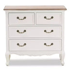 Commode d'appoint Amalie à 4 tiroirs Blanc/Chêne - Baxton Studio : Style Provincial Français, Poignées en Laiton, Entièrement Assemblée