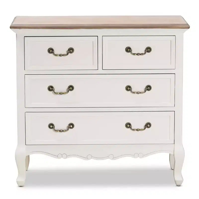 Commode d'appoint Amalie à 4 tiroirs Blanc/Chêne - Baxton Studio : Style Provincial Français, Poignées en Laiton, Entièrement Assemblée