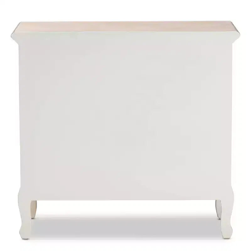Commode d'appoint Amalie à 4 tiroirs Blanc/Chêne - Baxton Studio : Style Provincial Français, Poignées en Laiton, Entièrement Assemblée