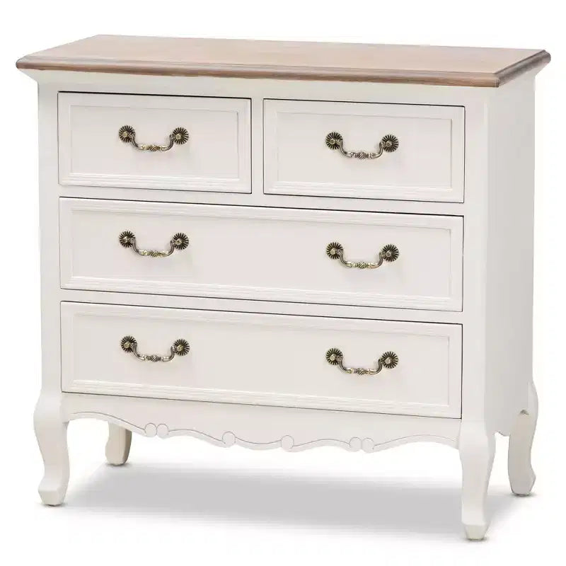 Commode d'appoint Amalie à 4 tiroirs Blanc/Chêne - Baxton Studio : Style Provincial Français, Poignées en Laiton, Entièrement Assemblée