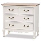 Commode d'appoint Amalie à 4 tiroirs Blanc/Chêne - Baxton Studio : Style Provincial Français, Poignées en Laiton, Entièrement Assemblée