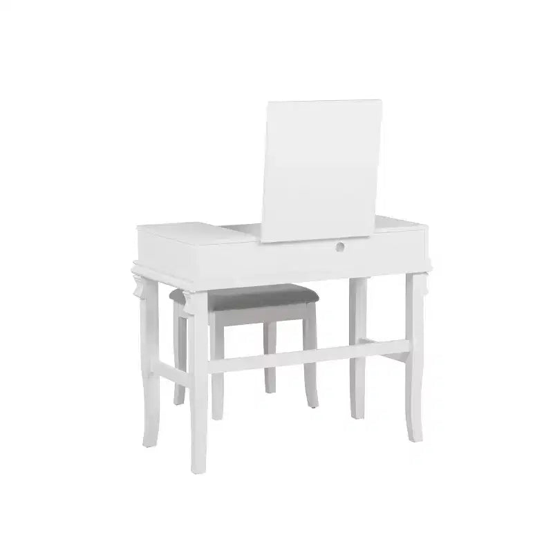 Adler Coiffeuse Miroir avec Plateau Relevable 2 Tiroirs en Bois Traditionnel et Tabouret Rembourré Blanc - Linon