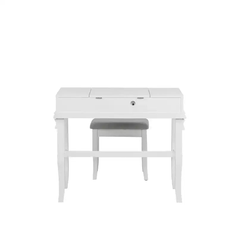 Adler Coiffeuse Miroir avec Plateau Relevable 2 Tiroirs en Bois Traditionnel et Tabouret Rembourré Blanc - Linon