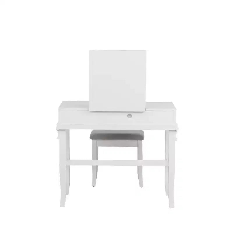 Adler Coiffeuse Miroir avec Plateau Relevable 2 Tiroirs en Bois Traditionnel et Tabouret Rembourré Blanc - Linon