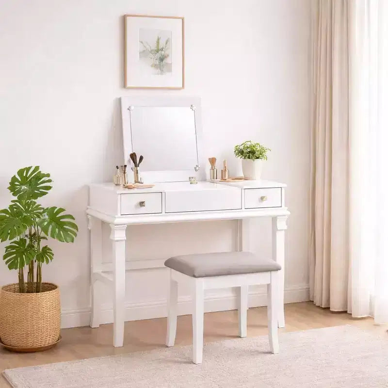 Adler Coiffeuse Miroir avec Plateau Relevable 2 Tiroirs en Bois Traditionnel et Tabouret Rembourré Blanc - Linon