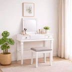Adler Coiffeuse Miroir avec Plateau Relevable 2 Tiroirs en Bois Traditionnel et Tabouret Rembourré Blanc - Linon