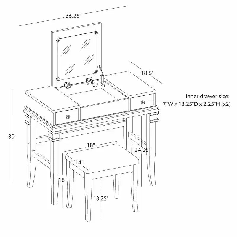 Adler Coiffeuse Miroir avec Plateau Relevable 2 Tiroirs en Bois Traditionnel et Tabouret Rembourré Blanc - Linon