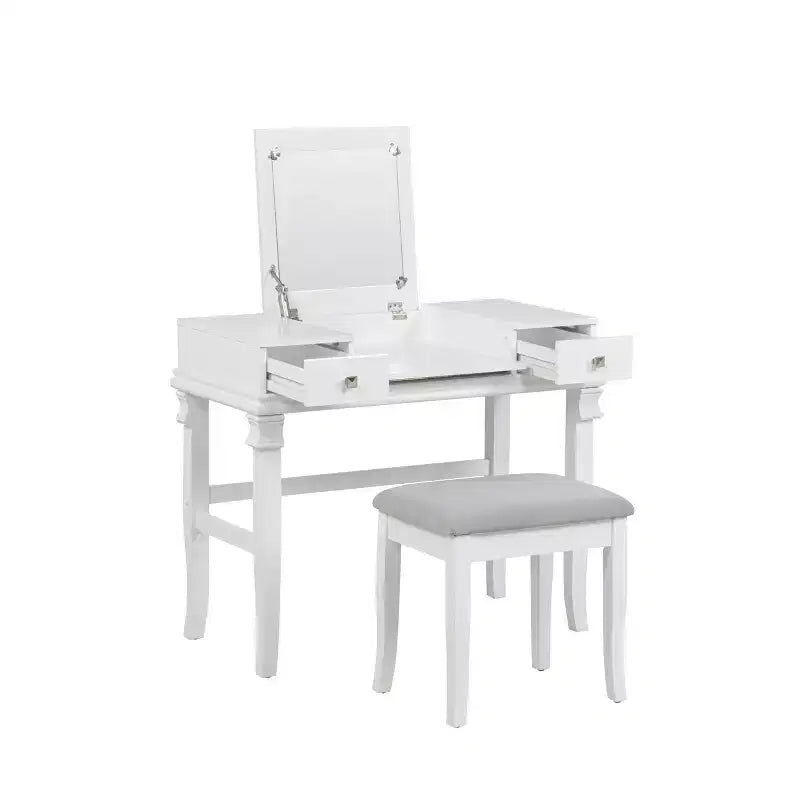 Adler Coiffeuse Miroir avec Plateau Relevable 2 Tiroirs en Bois Traditionnel et Tabouret Rembourré Blanc - Linon