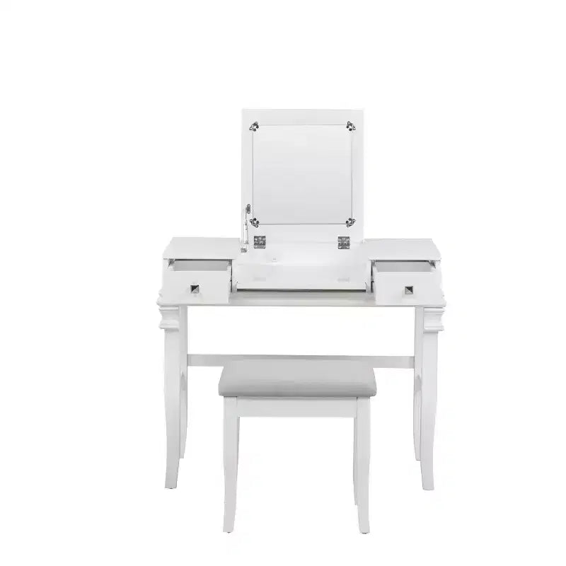 Adler Coiffeuse Miroir avec Plateau Relevable 2 Tiroirs en Bois Traditionnel et Tabouret Rembourré Blanc - Linon