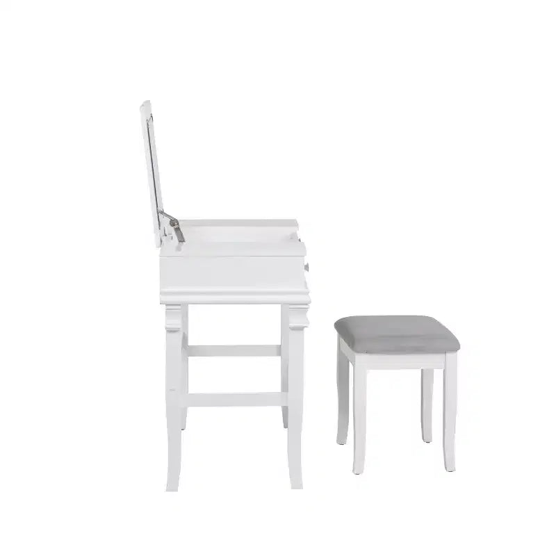 Adler Coiffeuse Miroir avec Plateau Relevable 2 Tiroirs en Bois Traditionnel et Tabouret Rembourré Blanc - Linon