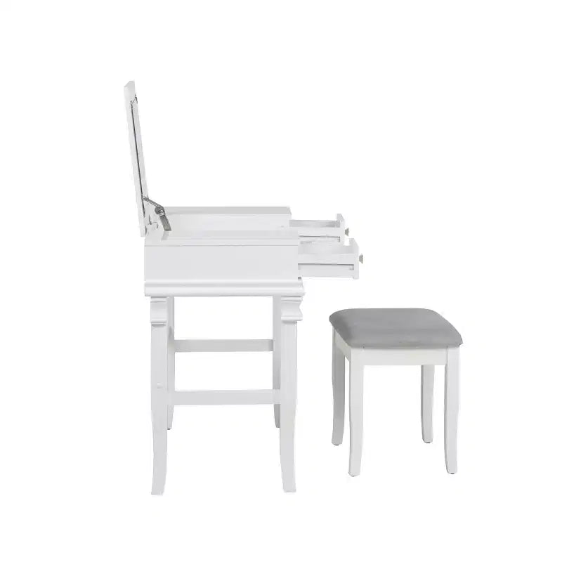 Adler Coiffeuse Miroir avec Plateau Relevable 2 Tiroirs en Bois Traditionnel et Tabouret Rembourré Blanc - Linon