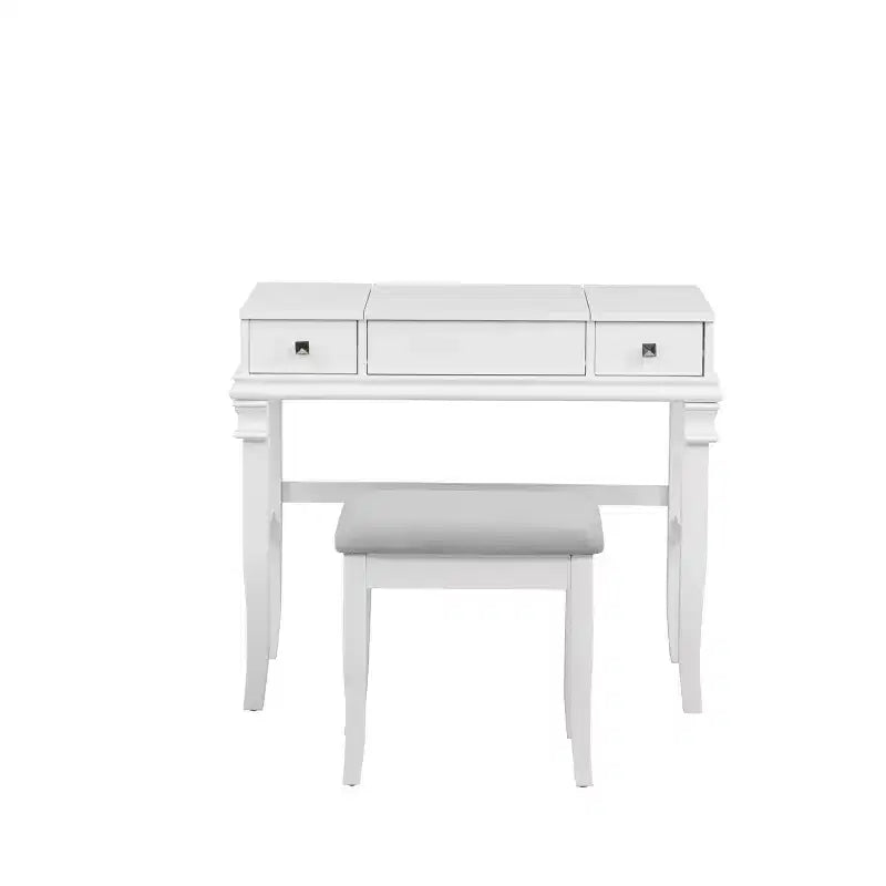 Adler Coiffeuse Miroir avec Plateau Relevable 2 Tiroirs en Bois Traditionnel et Tabouret Rembourré Blanc - Linon