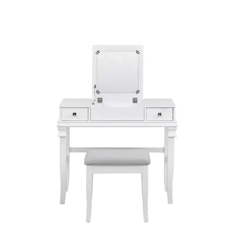 Adler Coiffeuse Miroir avec Plateau Relevable 2 Tiroirs en Bois Traditionnel et Tabouret Rembourré Blanc - Linon