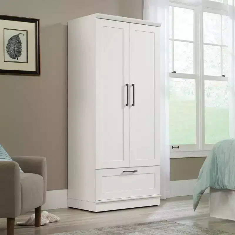 Homeplus Armoire blanc doux - Sauder : Fabrication en MDF, Armoire 2 portes avec tiroirs et quincaillerie en métal