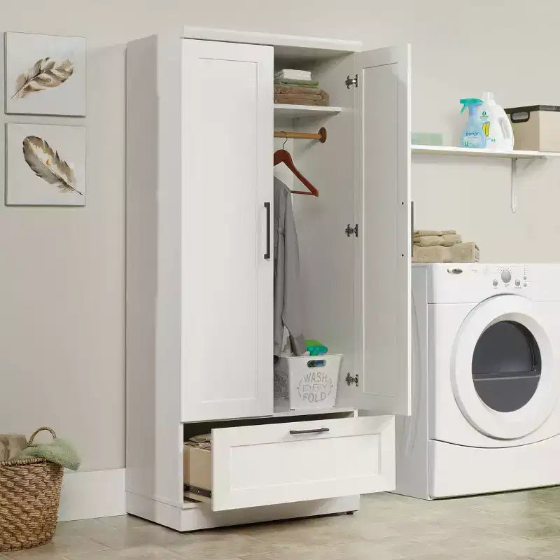 Homeplus Armoire blanc doux - Sauder : Fabrication en MDF, Armoire 2 portes avec tiroirs et quincaillerie en métal