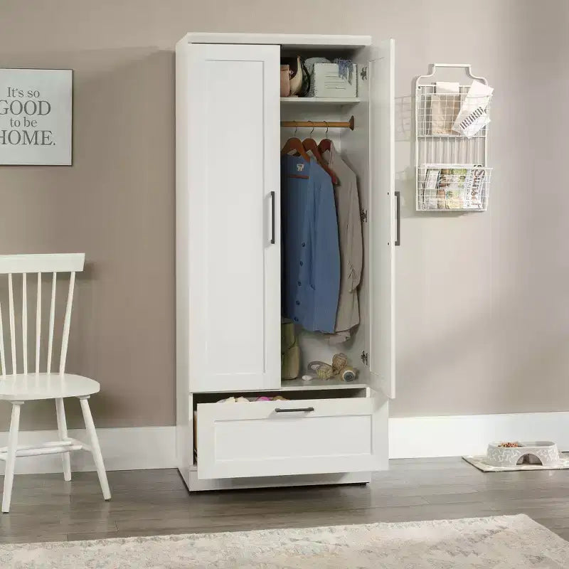 Homeplus Armoire blanc doux - Sauder : Fabrication en MDF, Armoire 2 portes avec tiroirs et quincaillerie en métal