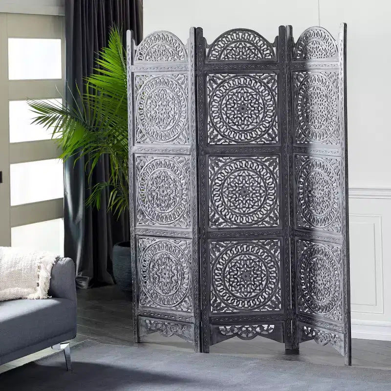 Paravent Éclectique en Bois Noir : Style Bohème, 3 Panneaux, Aucun Assemblage Requis