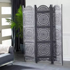 Paravent Éclectique en Bois Noir : Style Bohème, 3 Panneaux, Aucun Assemblage Requis