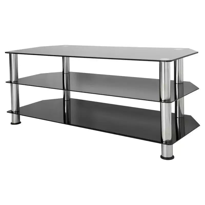 Meuble TV avec étagères en verre pour téléviseurs jusqu'à 55" - Argent/Noir : pieds chromés, adaptatif aux angles, design ouvert