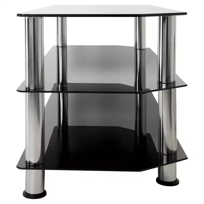 Meuble TV avec étagères en verre pour téléviseurs jusqu'à 55" - Argent/Noir : pieds chromés, adaptatif aux angles, design ouvert