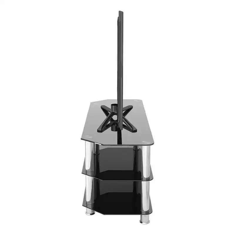 Meuble TV avec étagères en verre pour téléviseurs jusqu'à 55" - Argent/Noir : pieds chromés, adaptatif aux angles, design ouvert