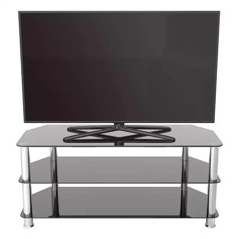 Meuble TV avec étagères en verre pour téléviseurs jusqu'à 55" - Argent/Noir : pieds chromés, adaptatif aux angles, design ouvert