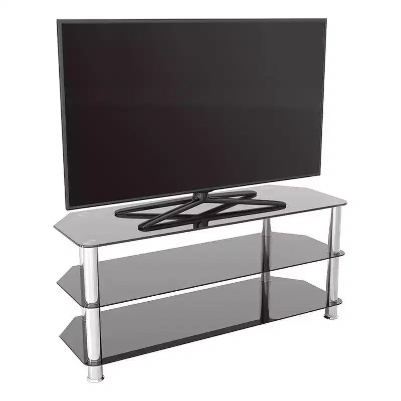 Meuble TV avec étagères en verre pour téléviseurs jusqu'à 55" - Argent/Noir : pieds chromés, adaptatif aux angles, design ouvert