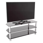 Meuble TV avec étagères en verre pour téléviseurs jusqu'à 55" - Argent/Noir : pieds chromés, adaptatif aux angles, design ouvert