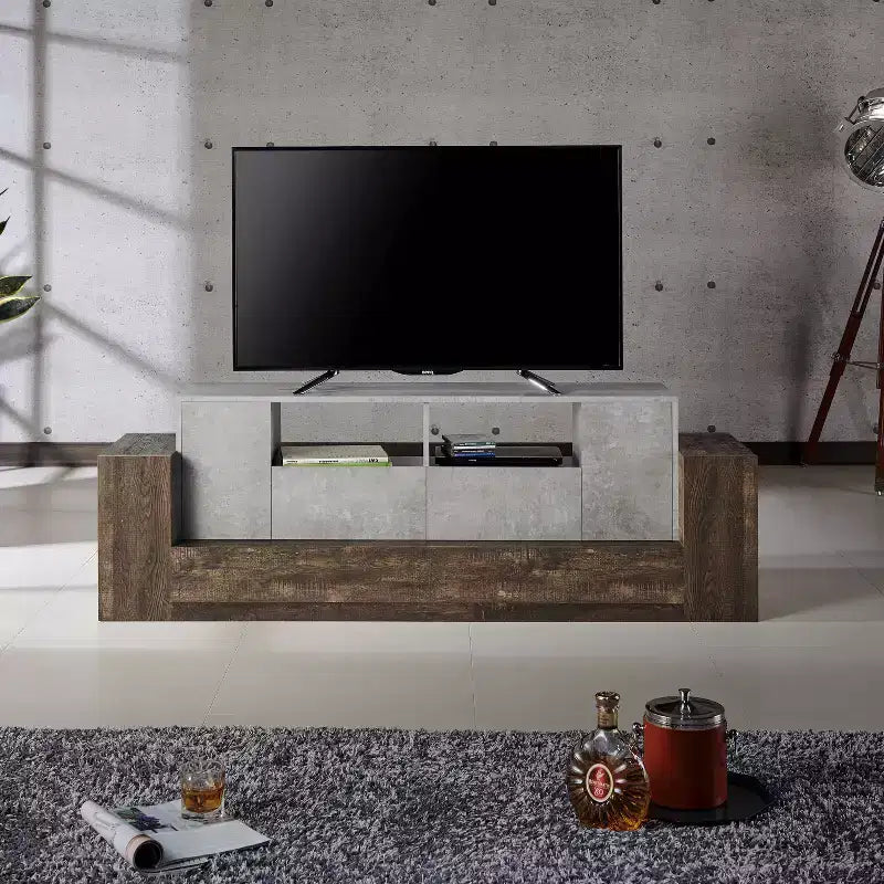 Meuble TV Lums pour téléviseurs jusqu'à 80" Ciment/Chêne recyclé - miBasics : Console média industrielle avec rangement