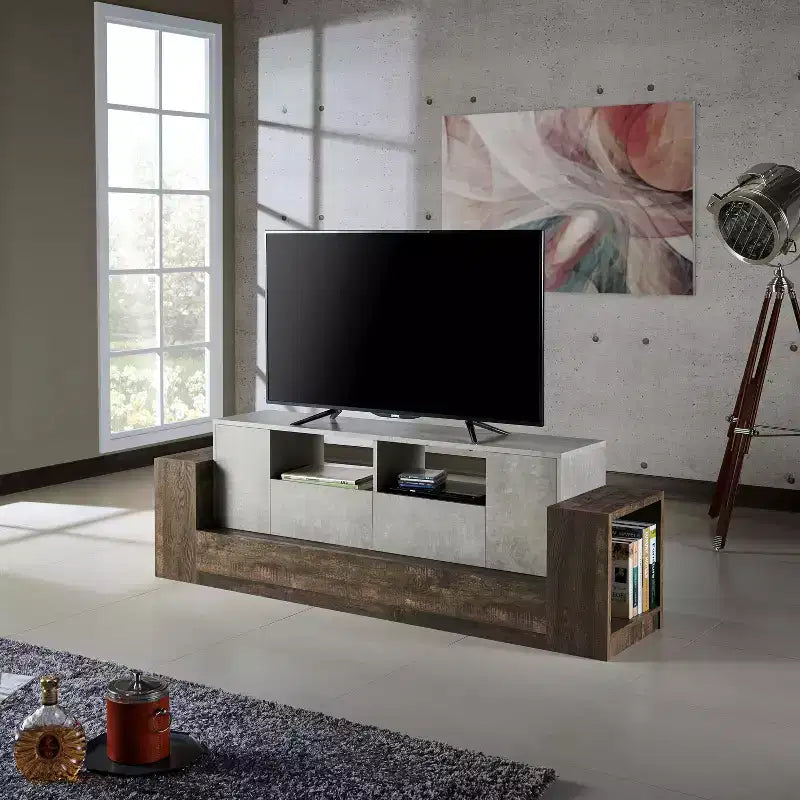 Meuble TV Lums pour téléviseurs jusqu'à 80" Ciment/Chêne recyclé - miBasics : Console média industrielle avec rangement