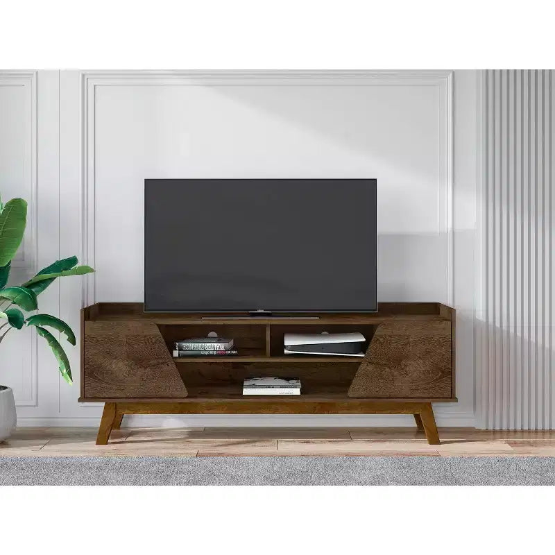Meuble TV Marcus 5 étagères, style moderne du milieu du siècle, pour TV jusqu'à 65", brun rustique - Manhattan Comfort : Meuble de divertissement, console multimédia
