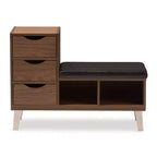 Banc de rangement pour chaussures Arielle moderne et contemporain en bois avec 3 tiroirs, assise en similicuir rembourré et deux étagères ouvertes - Noyer brun - Baxton Studio