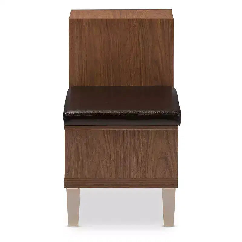 Banc de rangement pour chaussures Arielle moderne et contemporain en bois avec 3 tiroirs, assise en similicuir rembourré et deux étagères ouvertes - Noyer brun - Baxton Studio