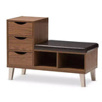 Banc de rangement pour chaussures Arielle moderne et contemporain en bois avec 3 tiroirs, assise en similicuir rembourré et deux étagères ouvertes - Noyer brun - Baxton Studio