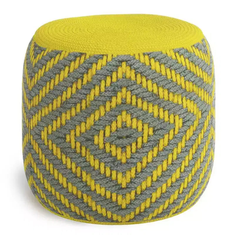 Pouf rond tressé en PET polyester gris/jaune, ottoman/repose-pieds pour l'extérieur et l'intérieur, résistant aux UV et à l'eau