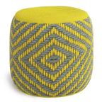 Pouf rond tressé en PET polyester gris/jaune, ottoman/repose-pieds pour l'extérieur et l'intérieur, résistant aux UV et à l'eau