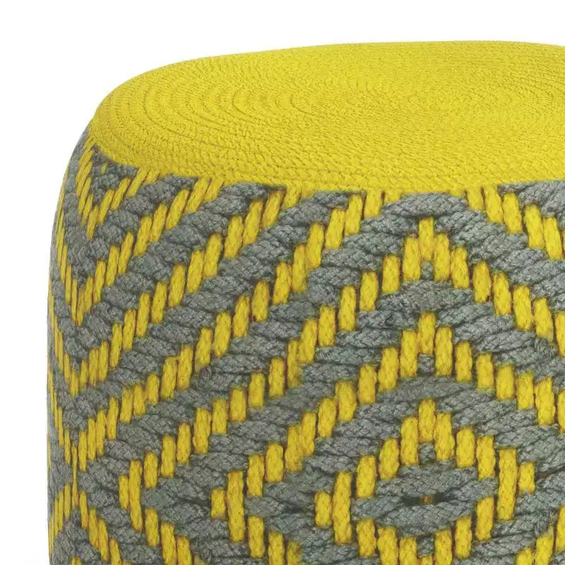 Pouf rond tressé en PET polyester gris/jaune, ottoman/repose-pieds pour l'extérieur et l'intérieur, résistant aux UV et à l'eau