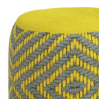 Pouf rond tressé en PET polyester gris/jaune, ottoman/repose-pieds pour l'extérieur et l'intérieur, résistant aux UV et à l'eau