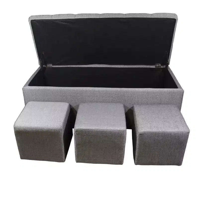 Banc de rangement capitonné 3 pièces avec pouf/siège gris - Ore International