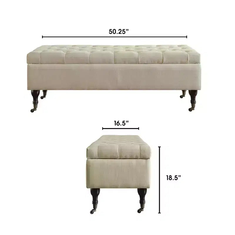 Banc capitonné Collette avec rangement crème au beurre – Adore Decor : Milieu de siècle moderne, Revêtement en polyester, Cadre en bois