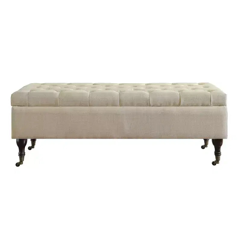 Banc capitonné Collette avec rangement crème au beurre – Adore Decor : Milieu de siècle moderne, Revêtement en polyester, Cadre en bois