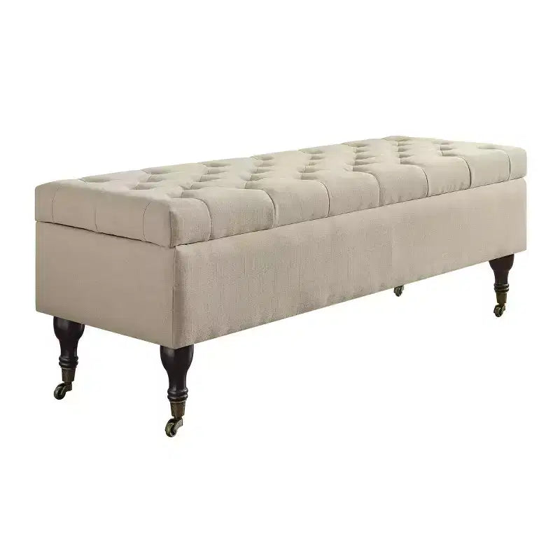 Banc capitonné Collette avec rangement crème au beurre – Adore Decor : Milieu de siècle moderne, Revêtement en polyester, Cadre en bois